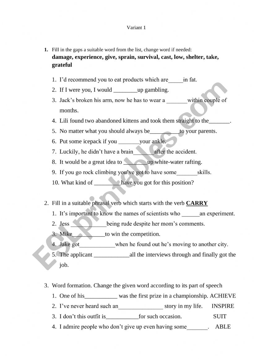 Final test. Topic challenges worksheet