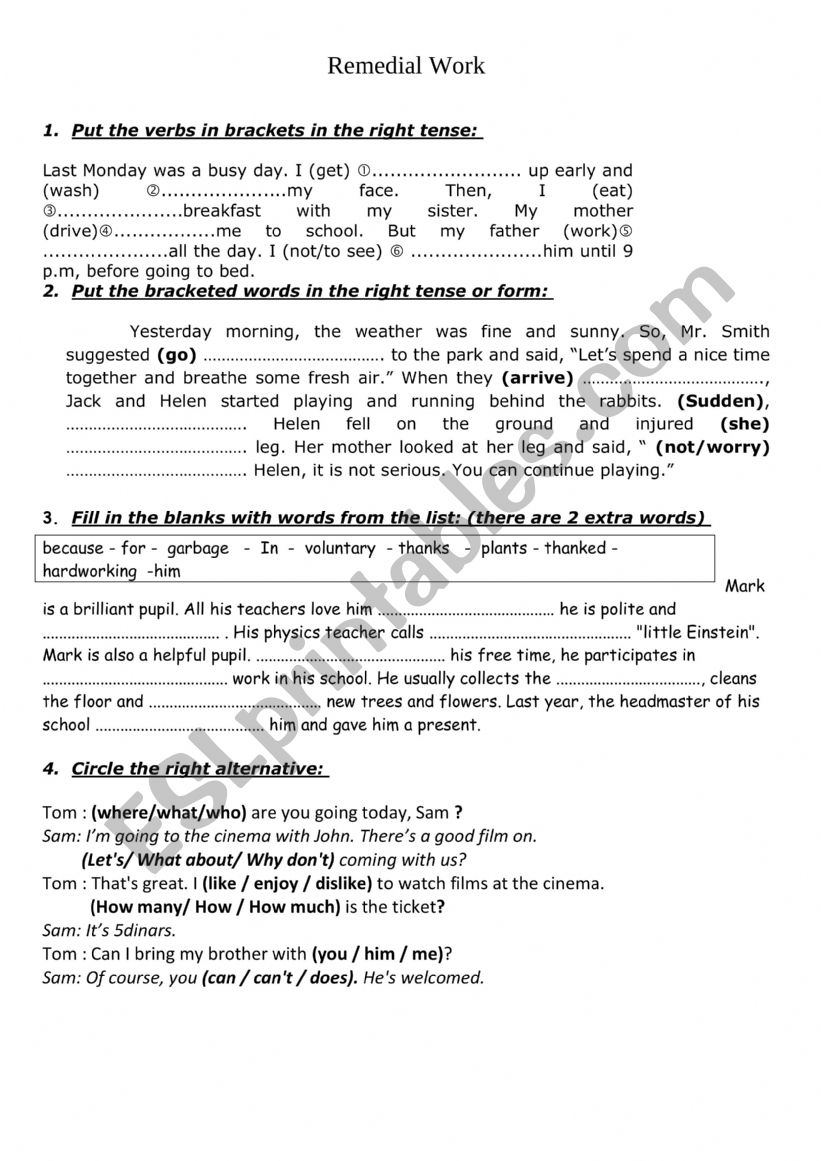Remedial work 7th grade worksheet