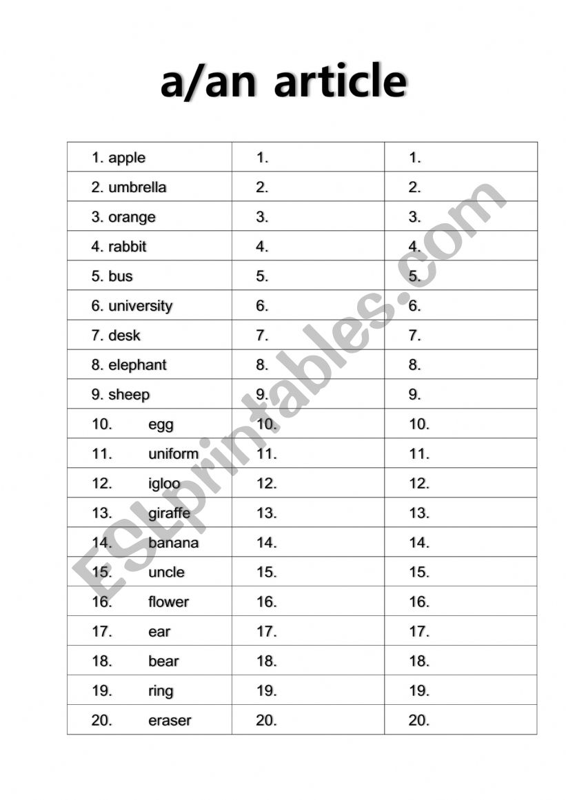 a, an article worksheet