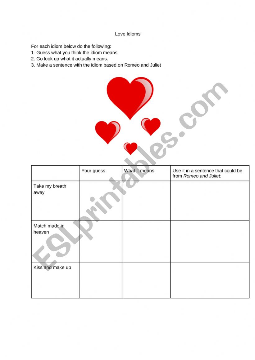 Love idioms worksheet
