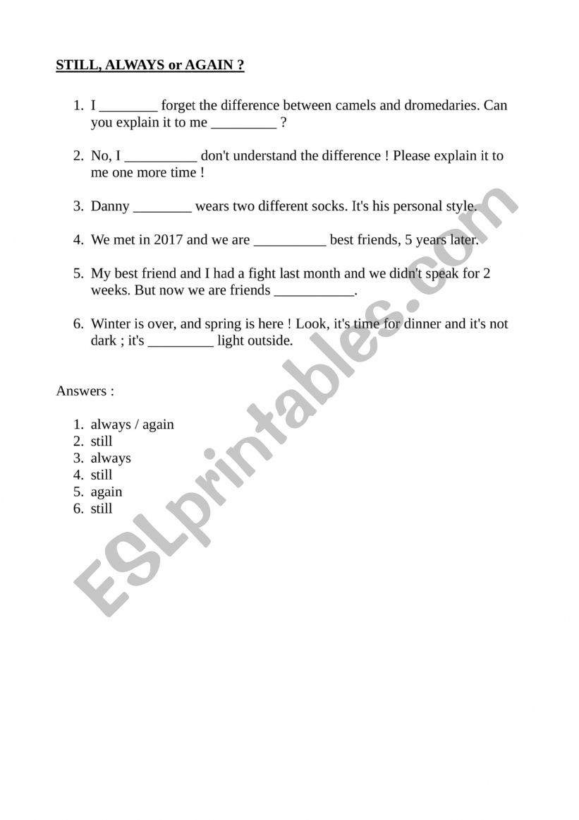 Still, always or again ? worksheet