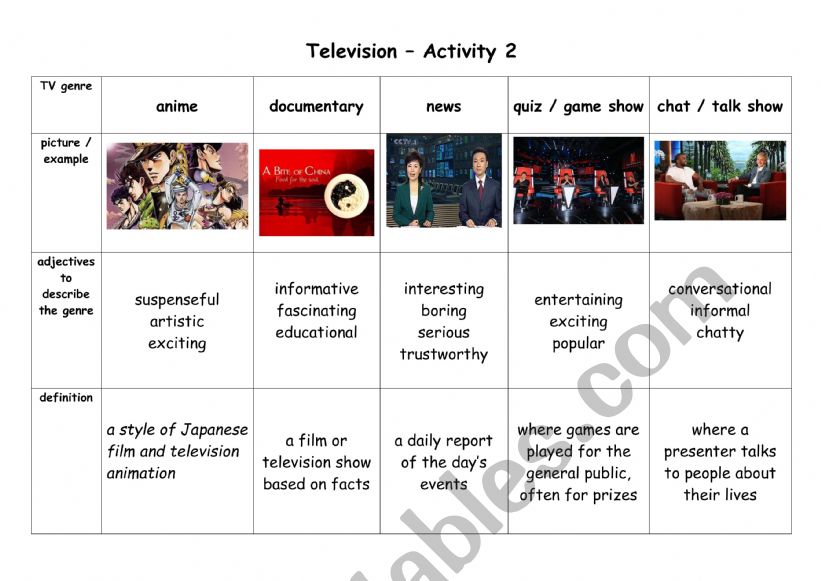 Televsion Genres worksheet