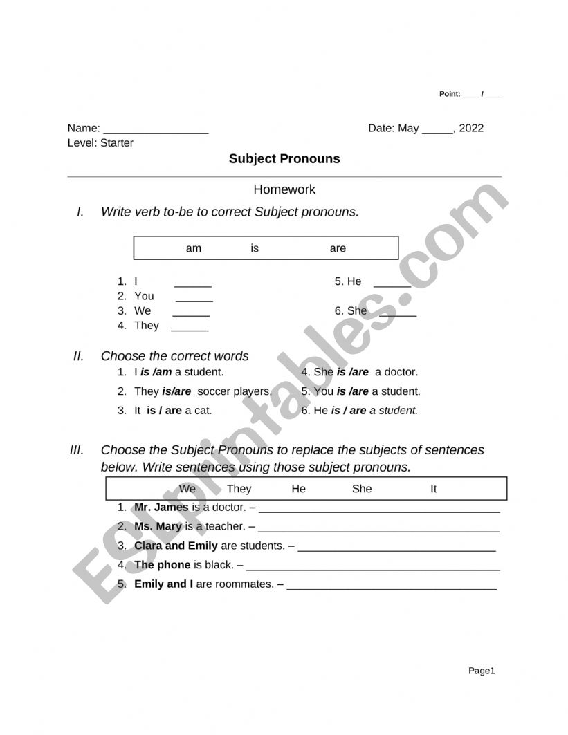 Subject Pronoun worksheet