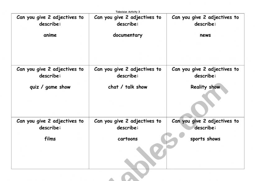 Televsion Genres Speaking Cards