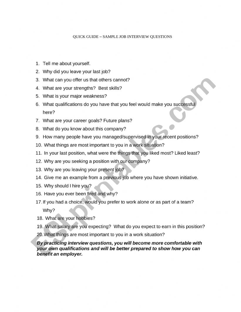 Job interview questions worksheet