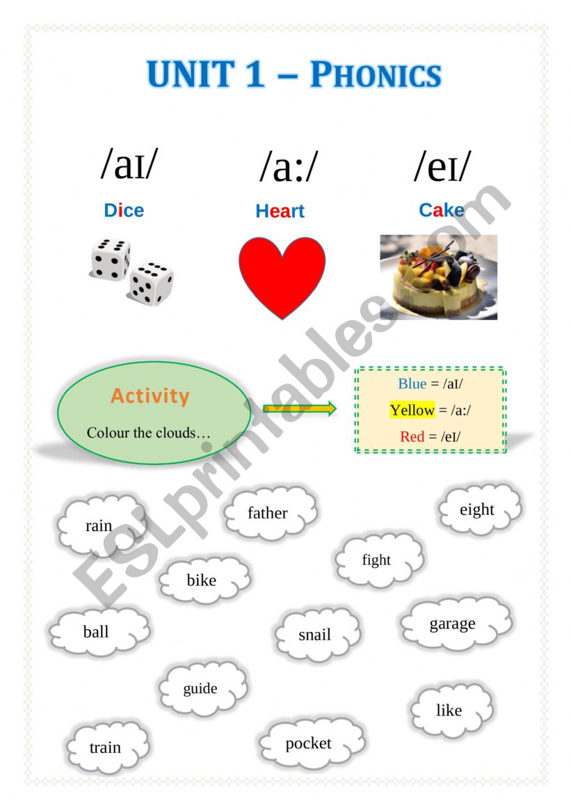 Phoneme worksheet /eɪ/, /ɑː/ and /aɪ/