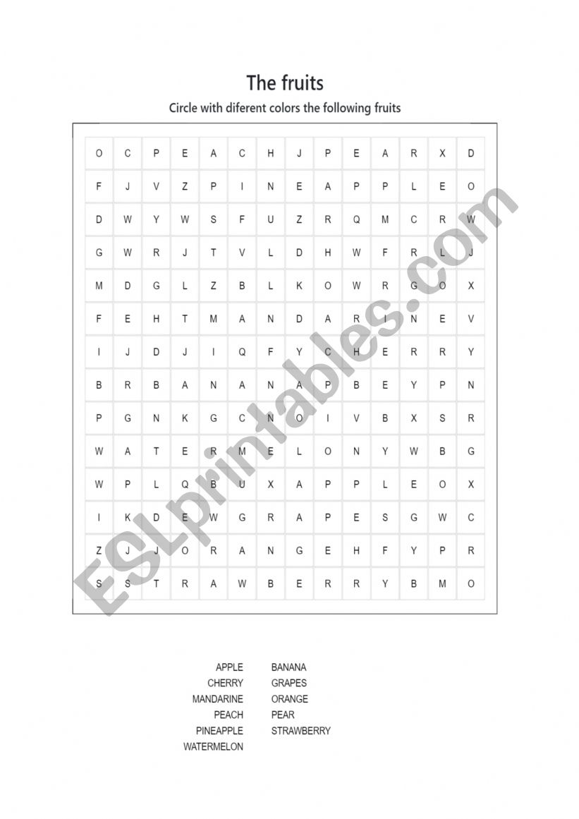 Fruits wordsearch worksheet