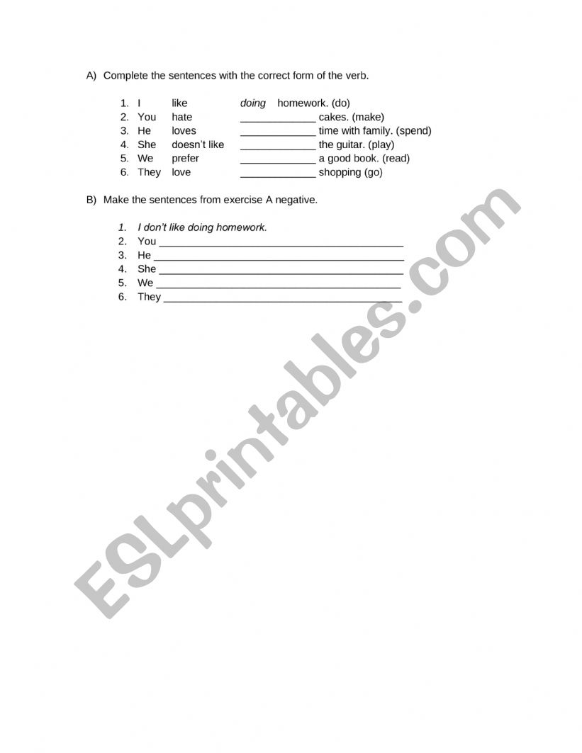 Like / Love / Hate + -ing worksheet