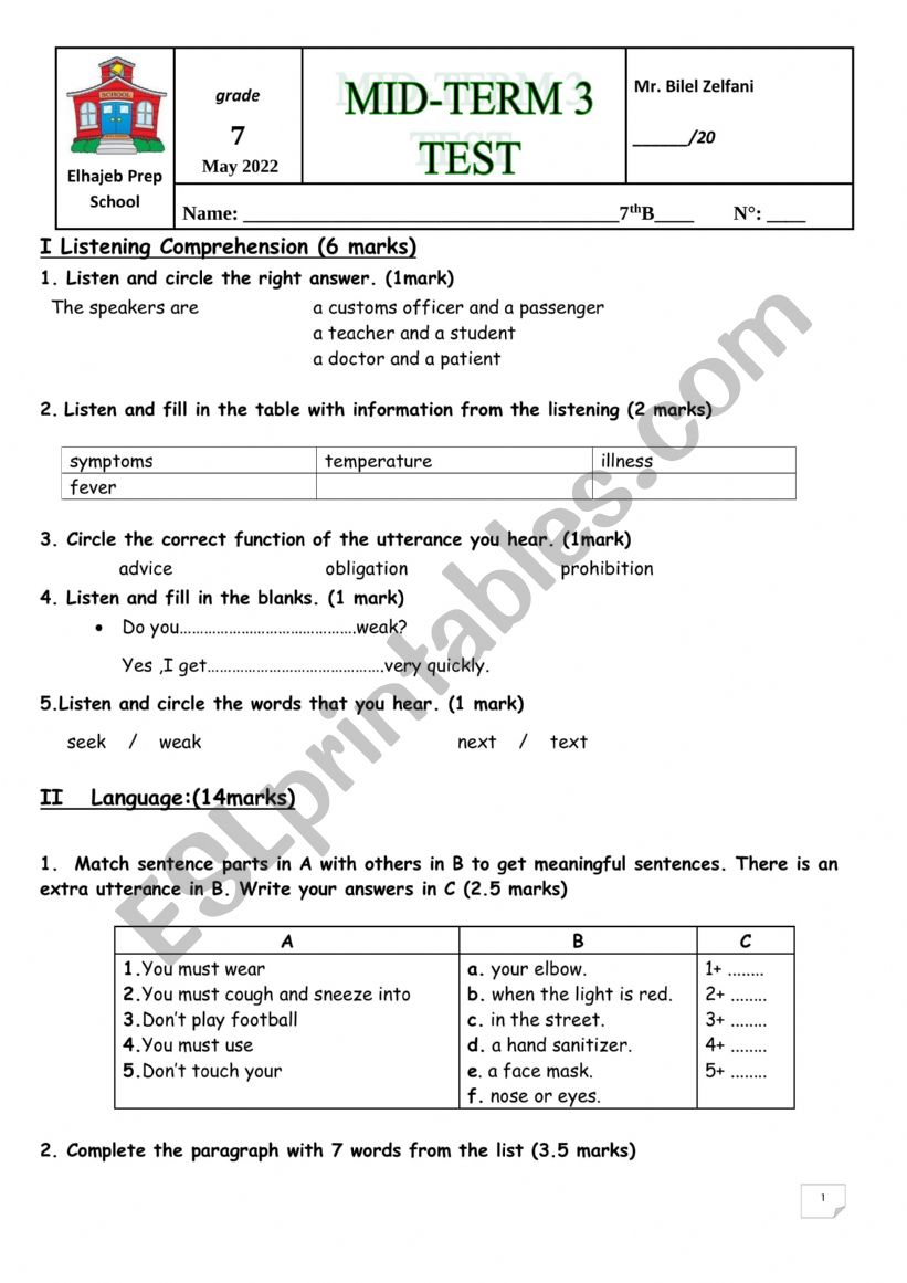 Mid-term 3 English test for Tunsian seventh graders