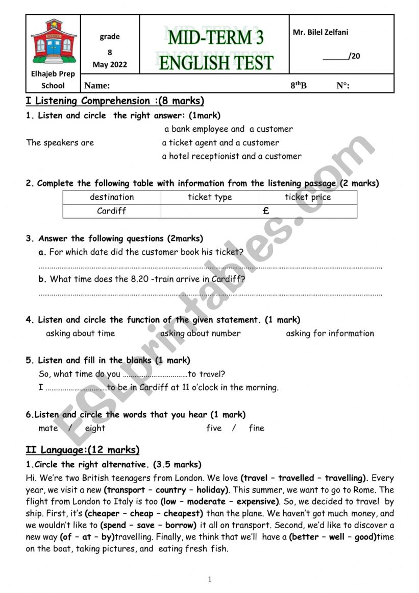 Mid-tem 3 English test for Tunisian eighth graders