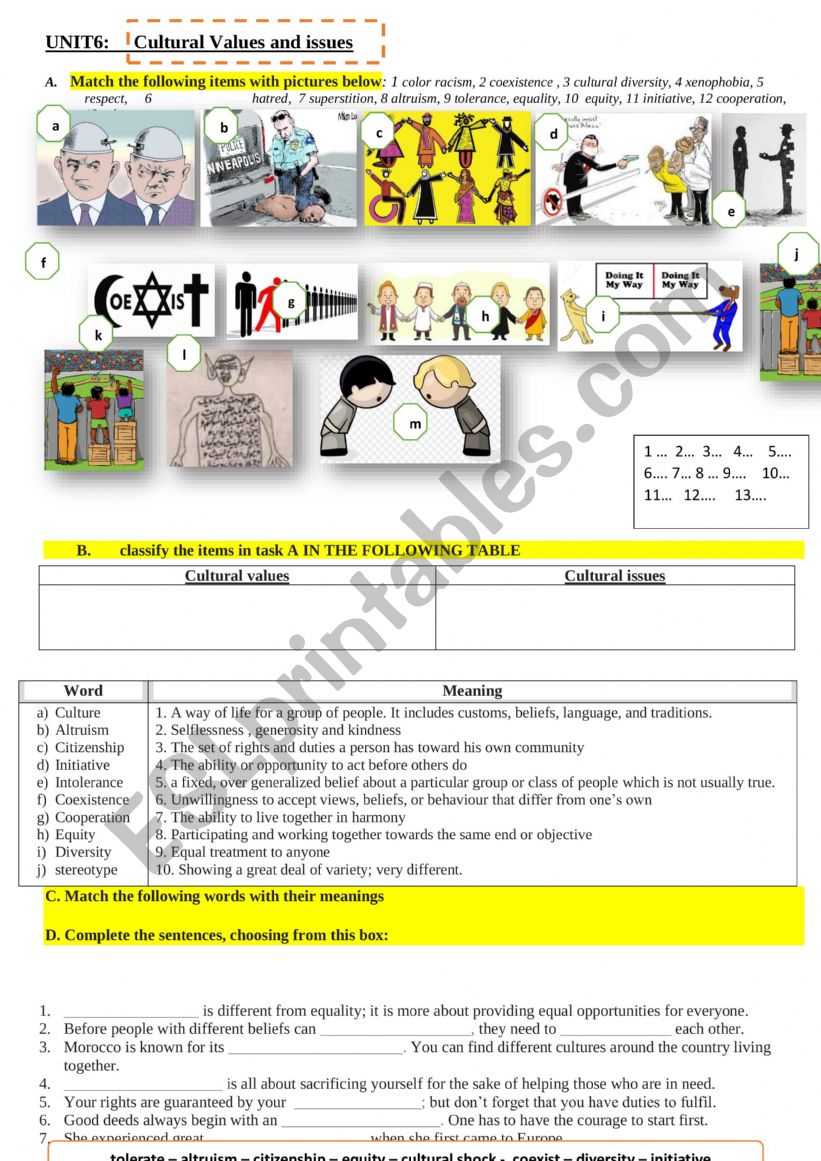 cultural values worksheet