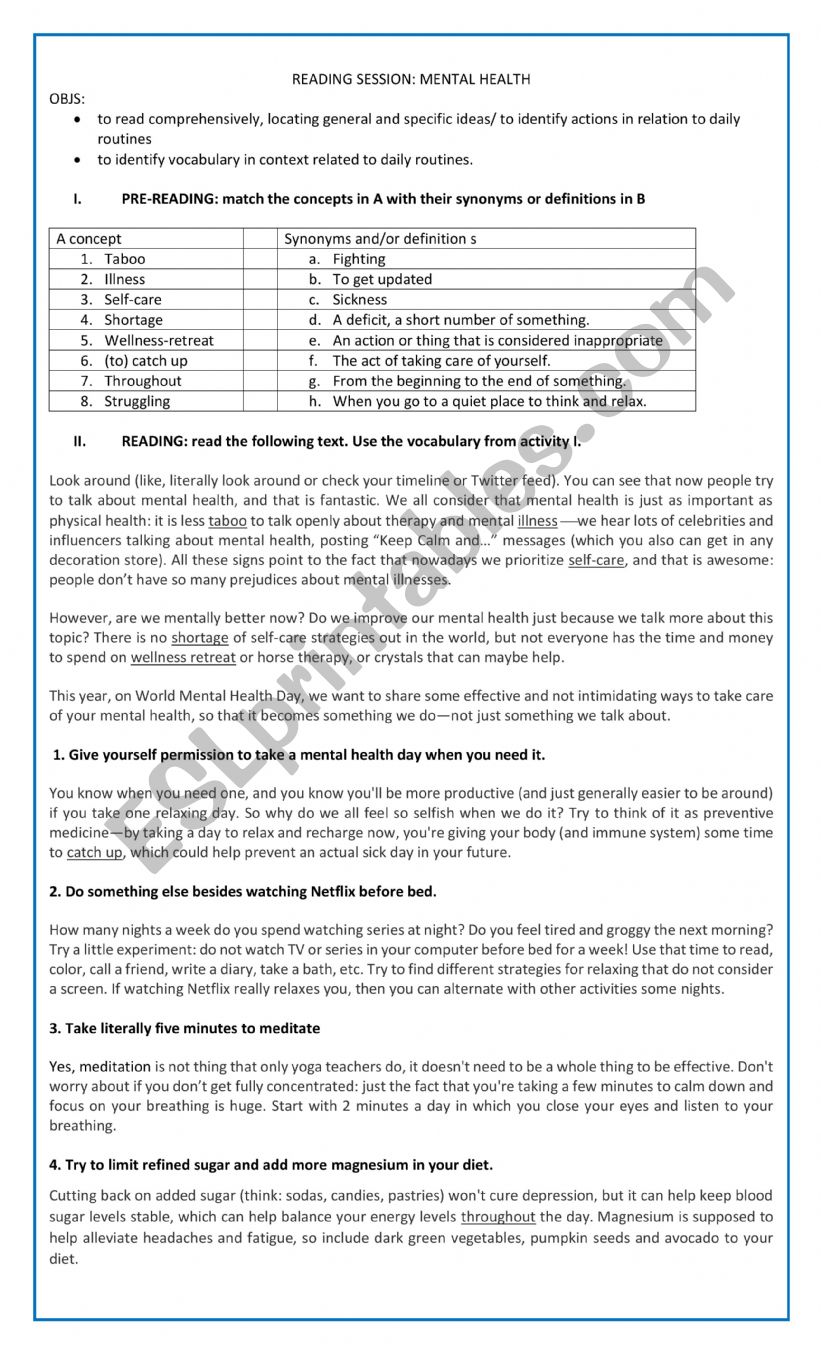 READING COMPREHENSION EXERCISE: MENTAL HEALTH 