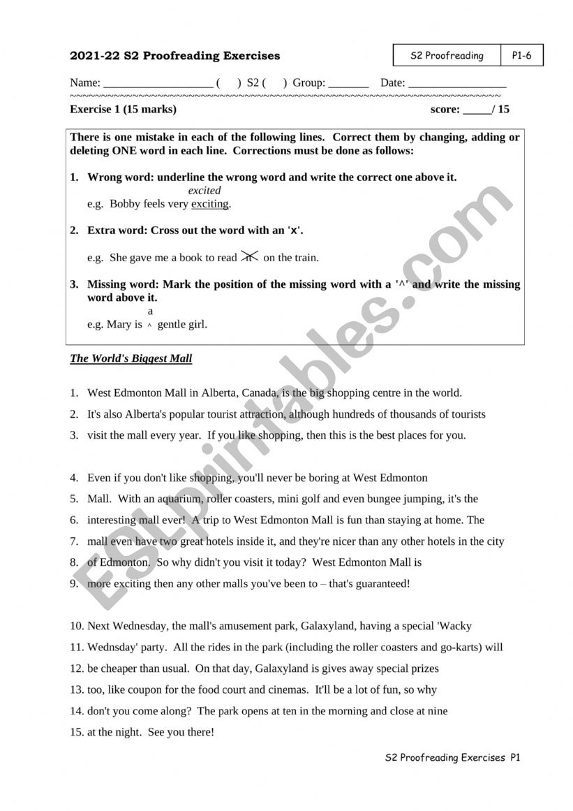 Proofreading Exercises worksheet