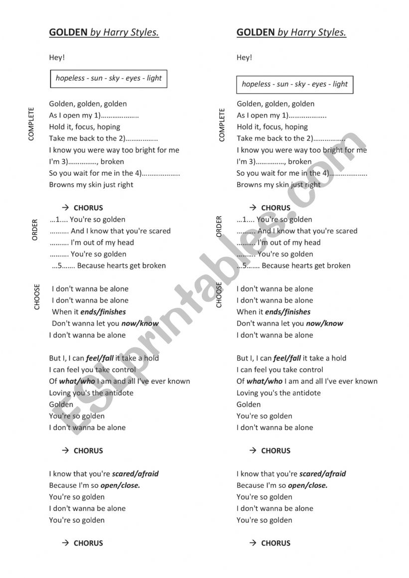 GOLDEN  by Harry Styles worksheet