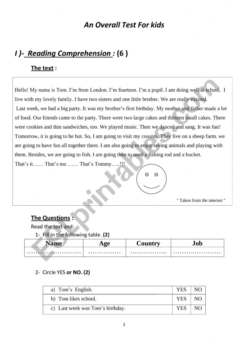 An overall test for kids worksheet