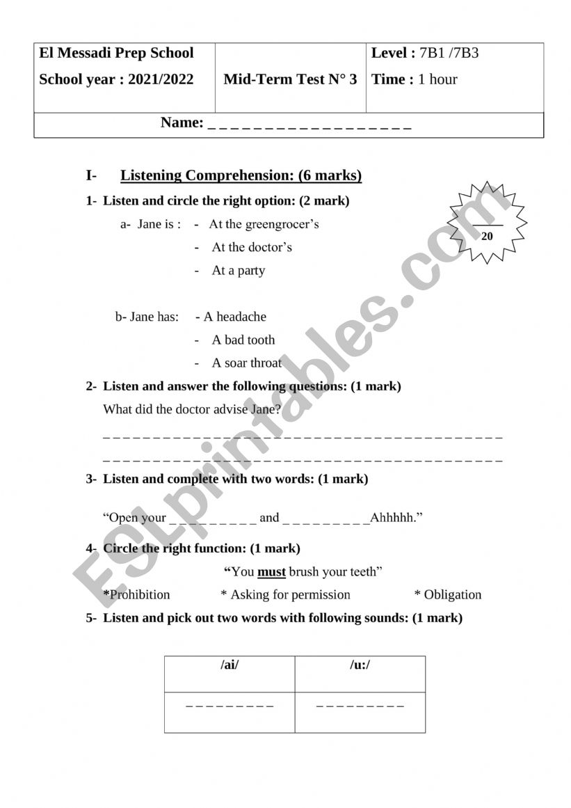 Mid-Term Test N3 7th form worksheet