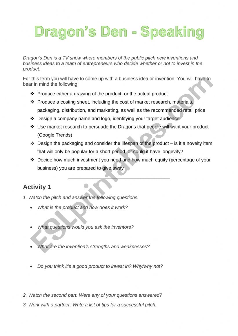 Dragon�s Den Speaking worksheet