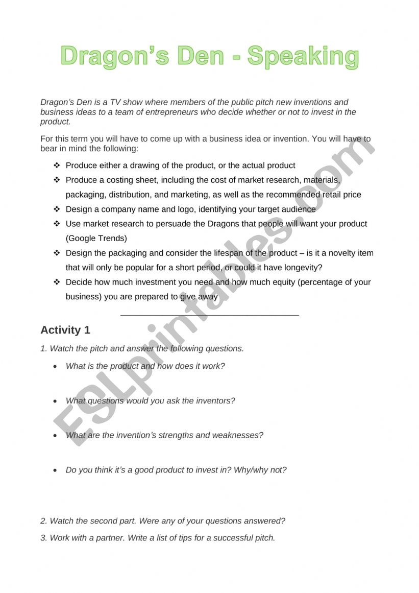 DragonÃ¯Â¿Â½s Den Speaking worksheet