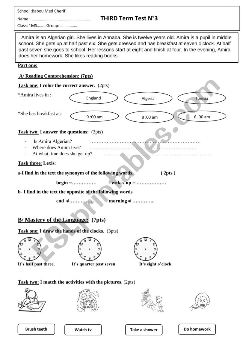 DAILY ACTIVITIES worksheet