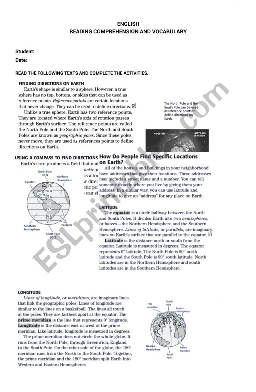 Finding directions on earth worksheet