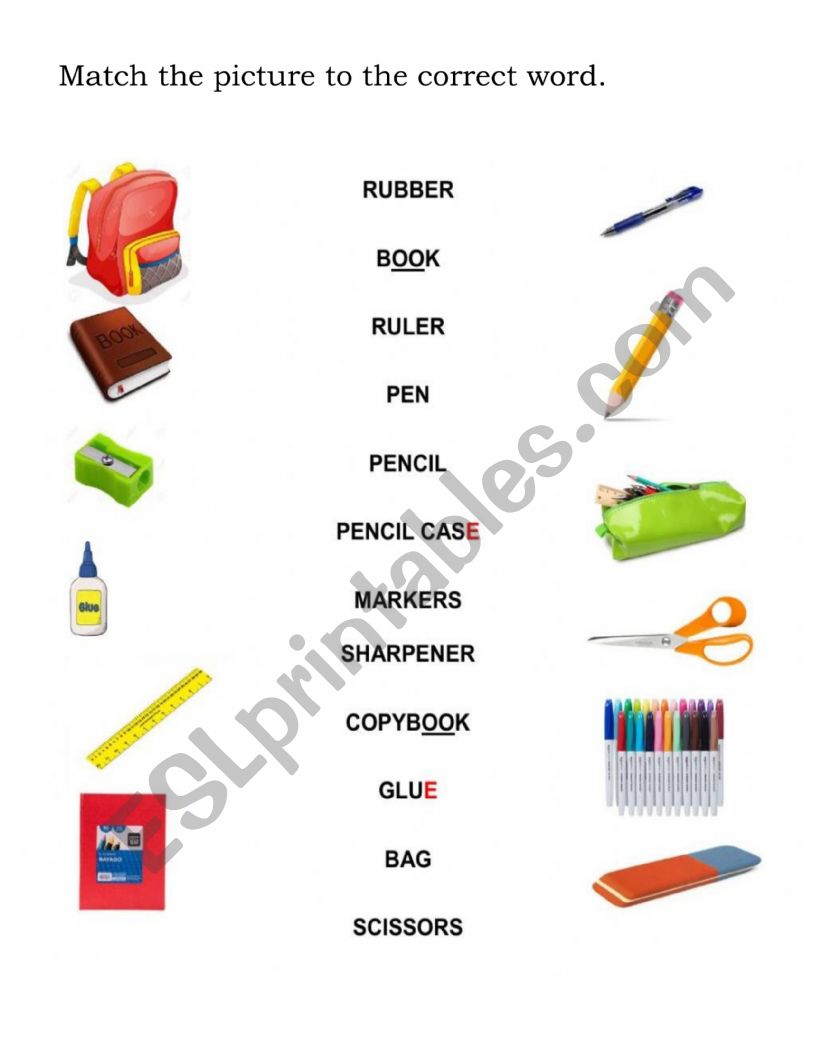 School supplies matching game worksheet