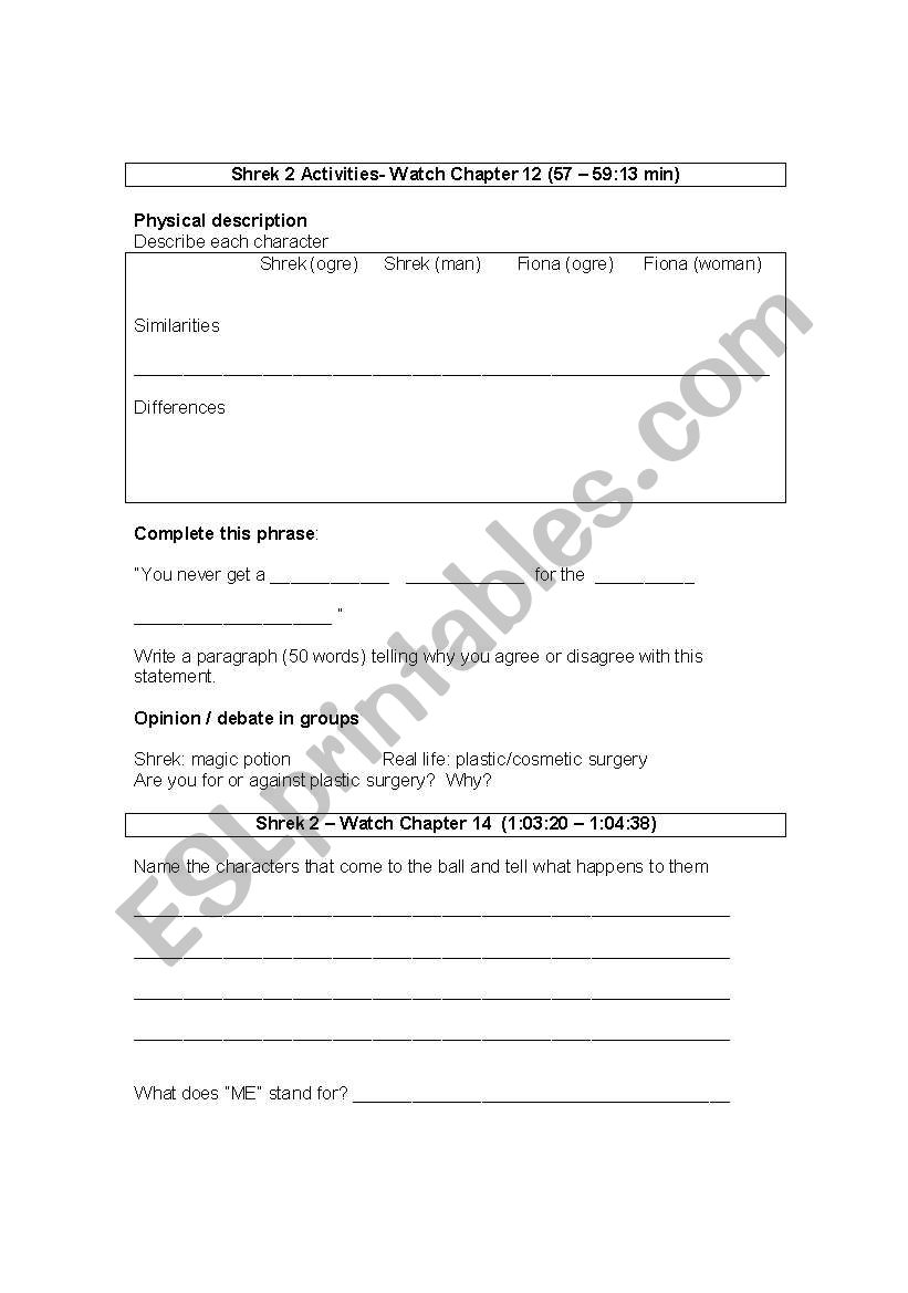 Shrek 2 - Chapters 12 and 14 worksheet