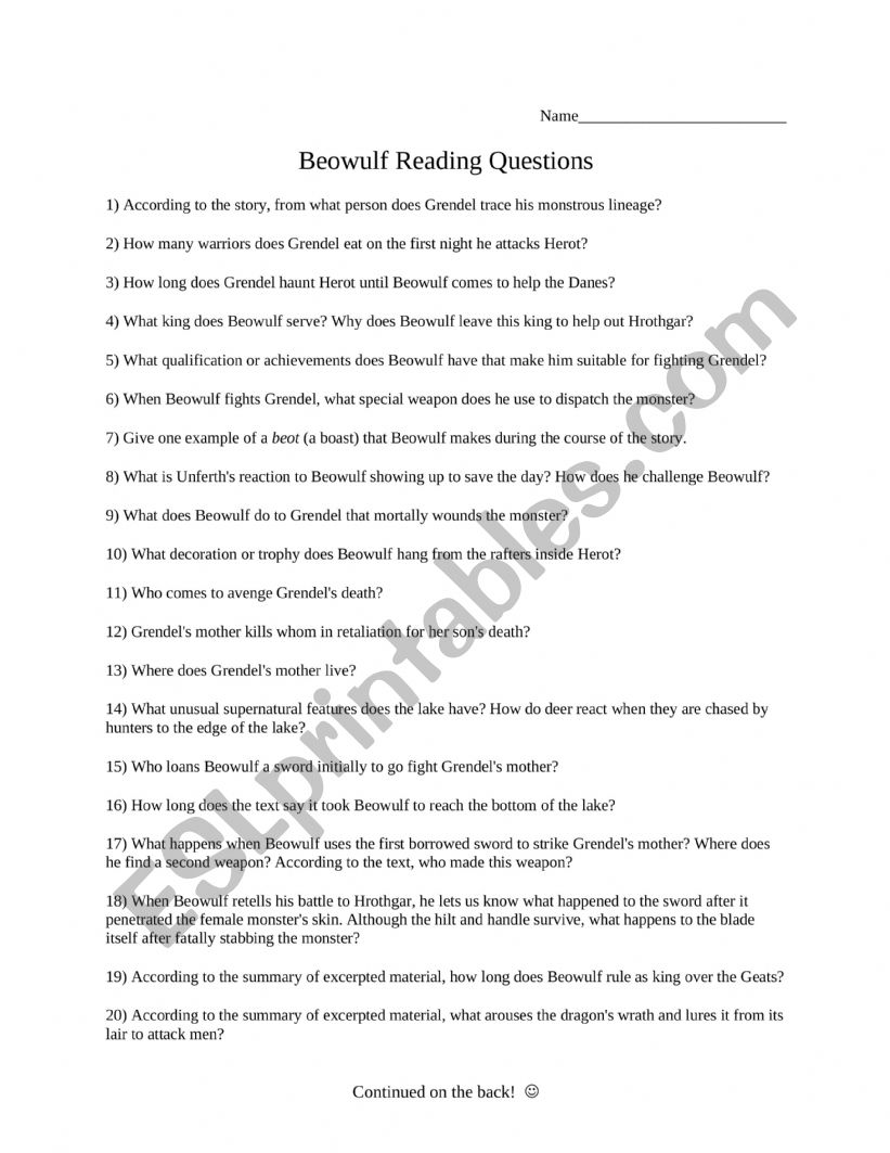 Beowulf Questions worksheet