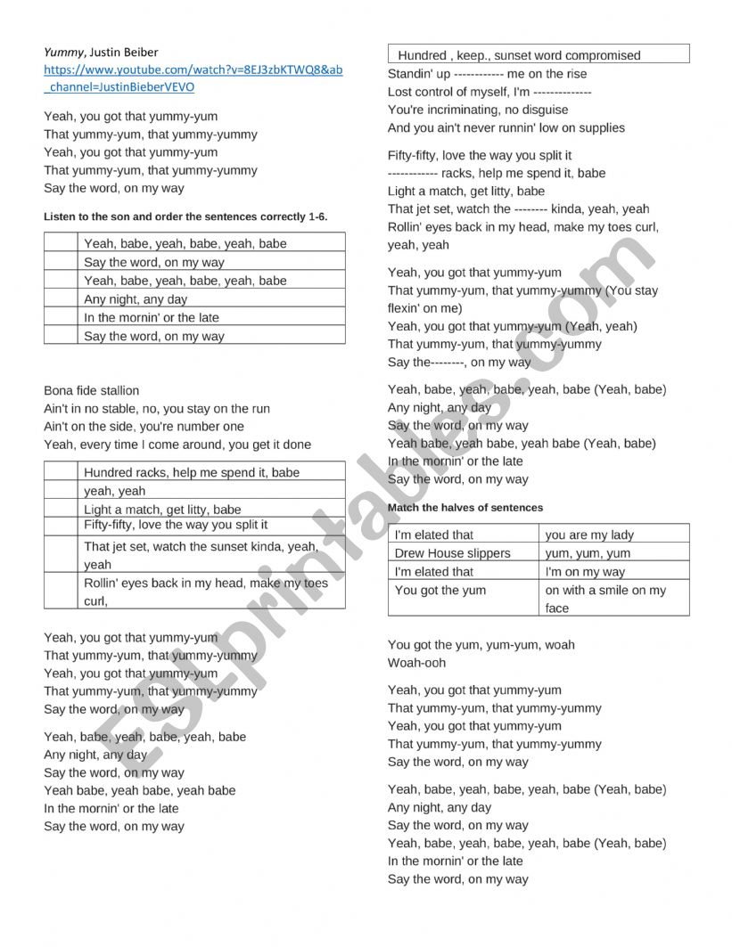 Ymmy, Justin Beiber worksheet