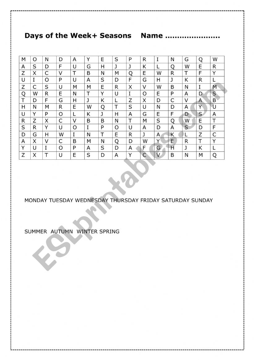 days & months word search worksheet