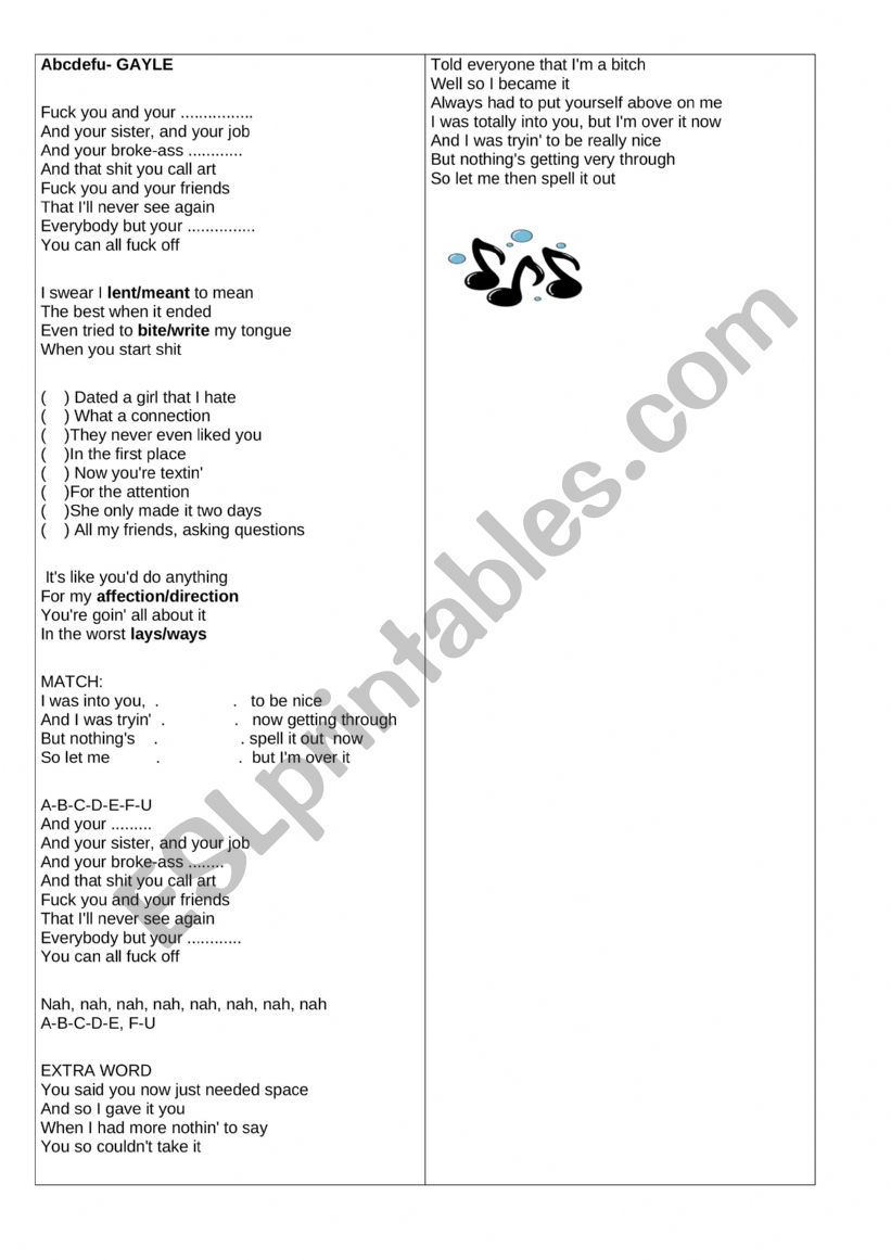 Song- ABCDEFU worksheet