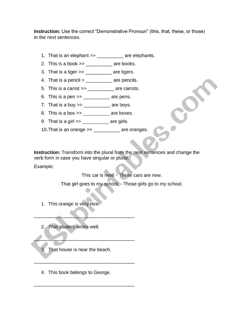 Demonstrative Pronouns worksheet