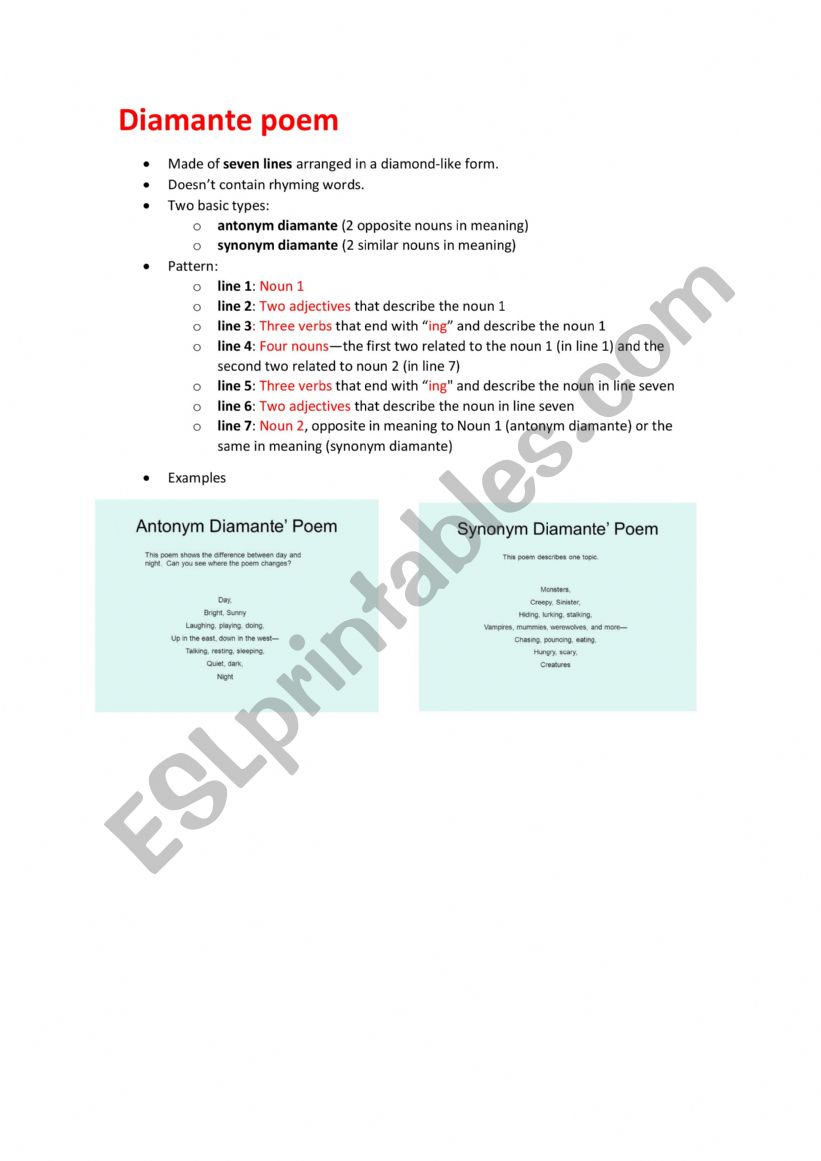 Diamante poem - Pattern worksheet