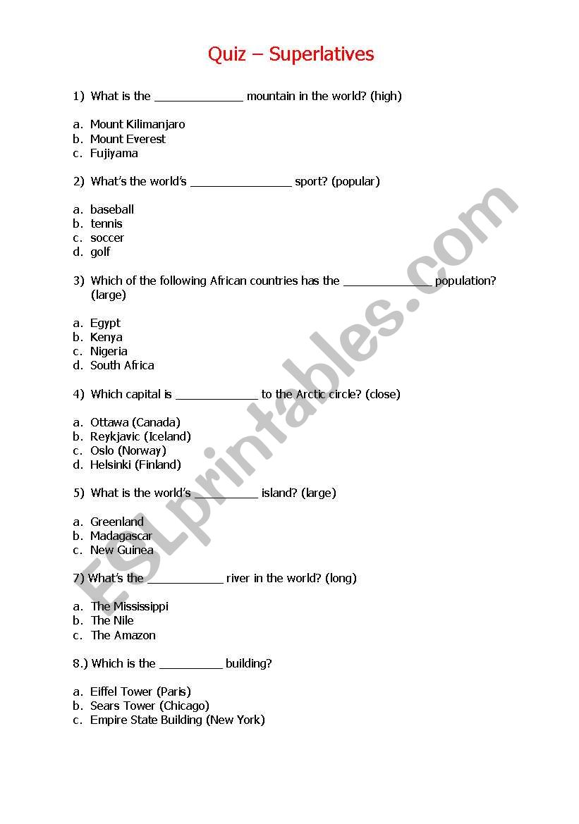 Superlatives Quiz worksheet