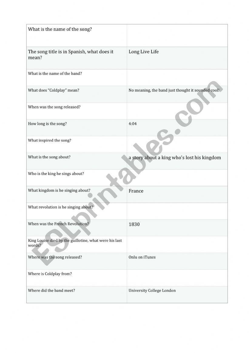 Viva la Vida worksheet