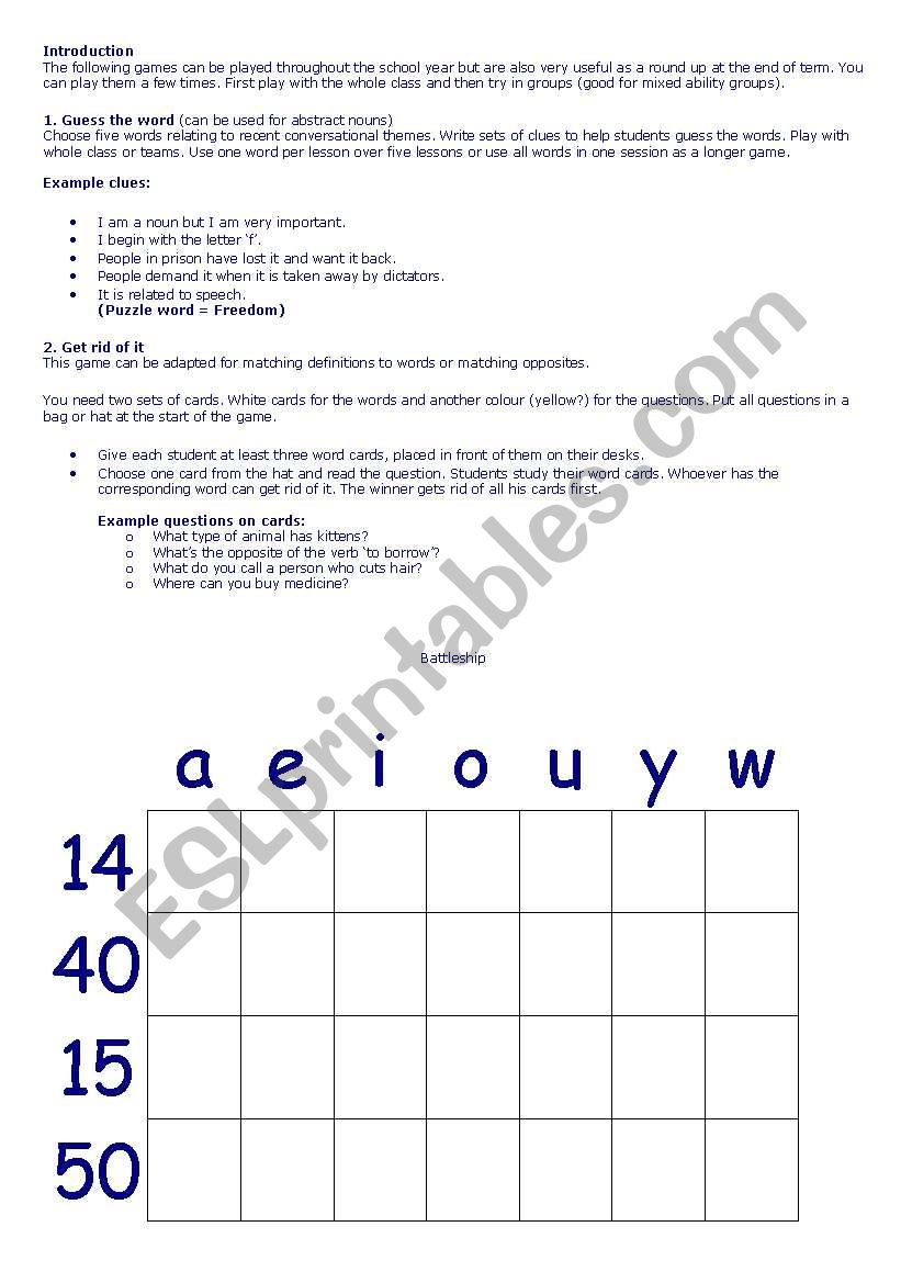 games of all kind worksheet