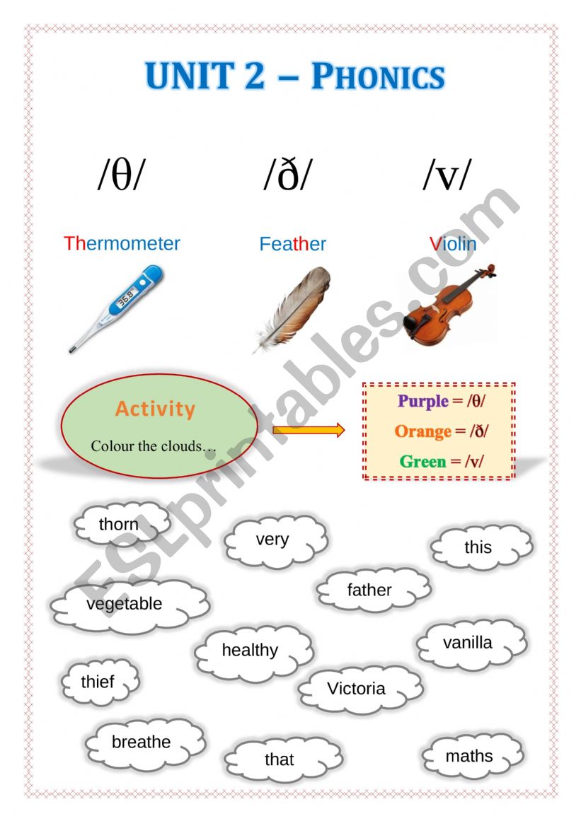 Phonics worksheet for /θ/, /ð/, /v/ sounds.