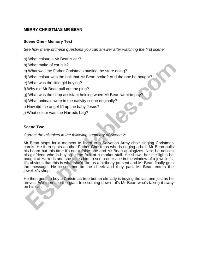 Mr. Bean Christmas worksheet