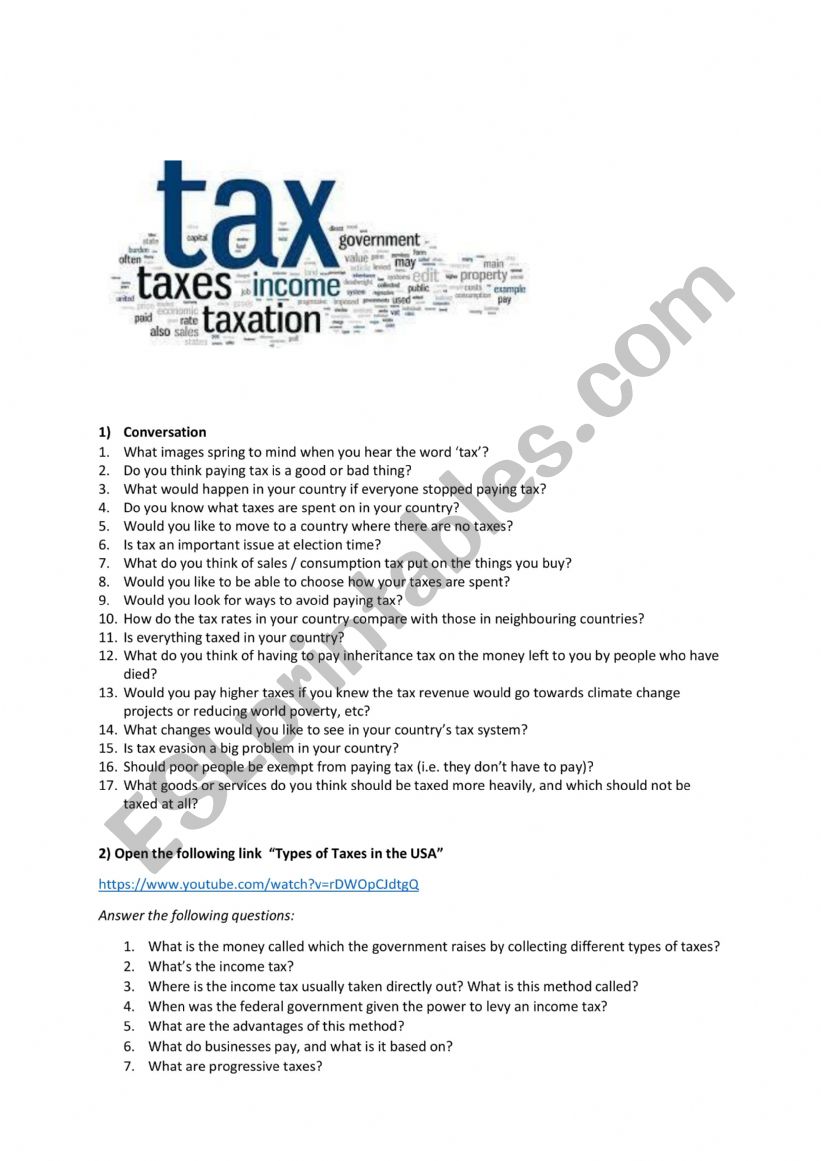 Types of Taxes in the USA worksheet