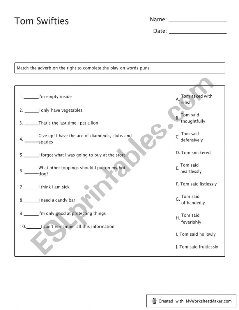 Tom Swifties worksheet