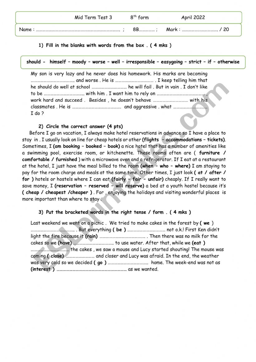 mid term test 3 8th form  worksheet