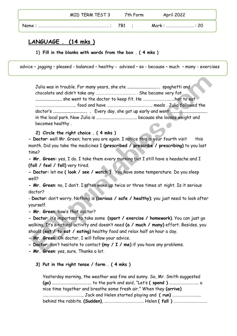 Mid term test 3 7th form  worksheet