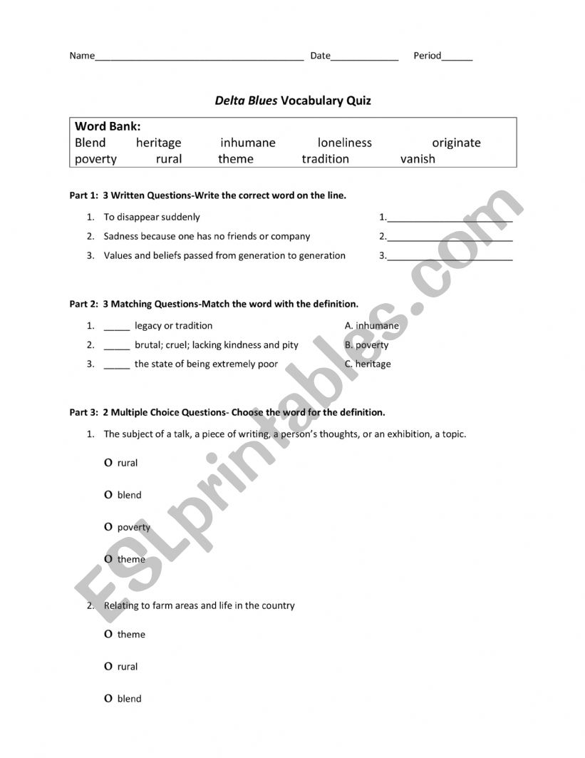 Delta Blues Quiz worksheet