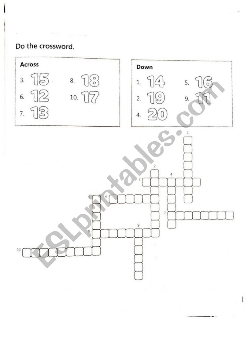 Numbers Crossword from 11 to 20