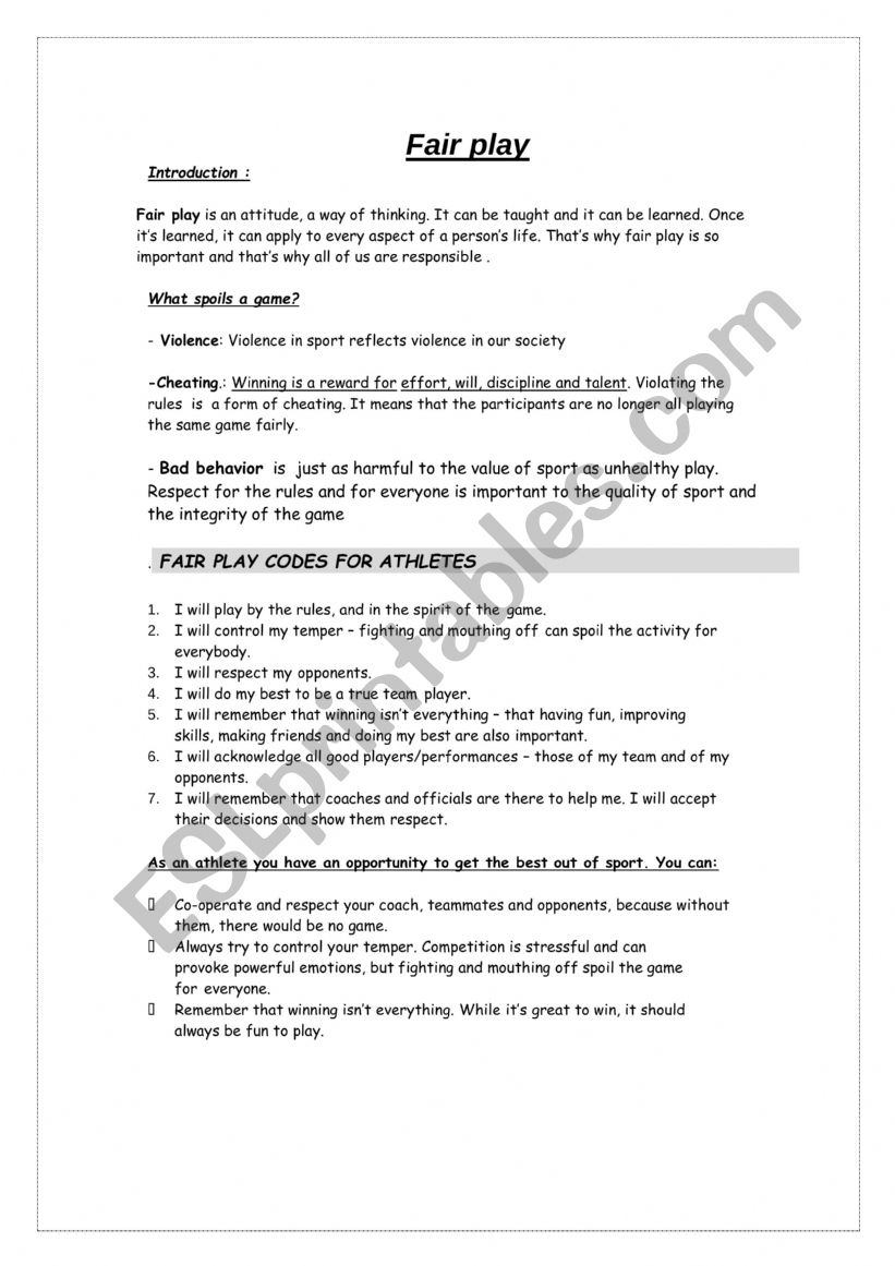 fair play  worksheet