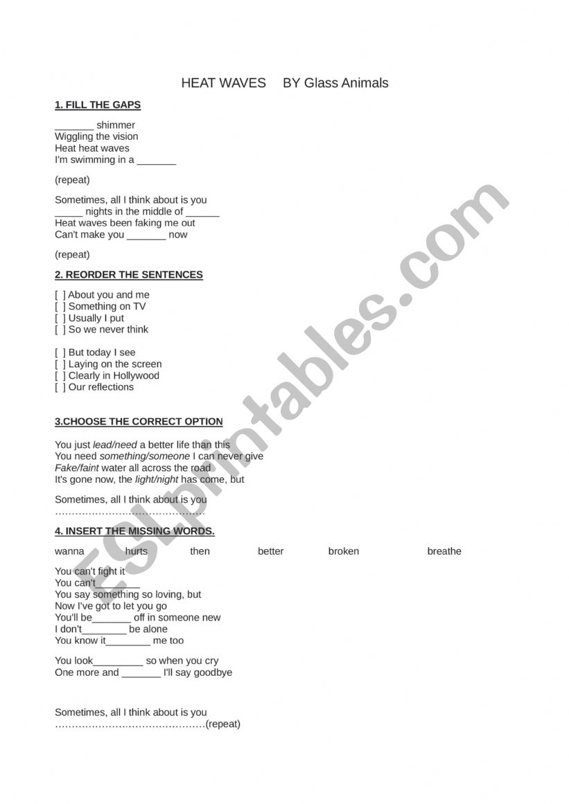 Heat Waves worksheet (by Glass Animals)