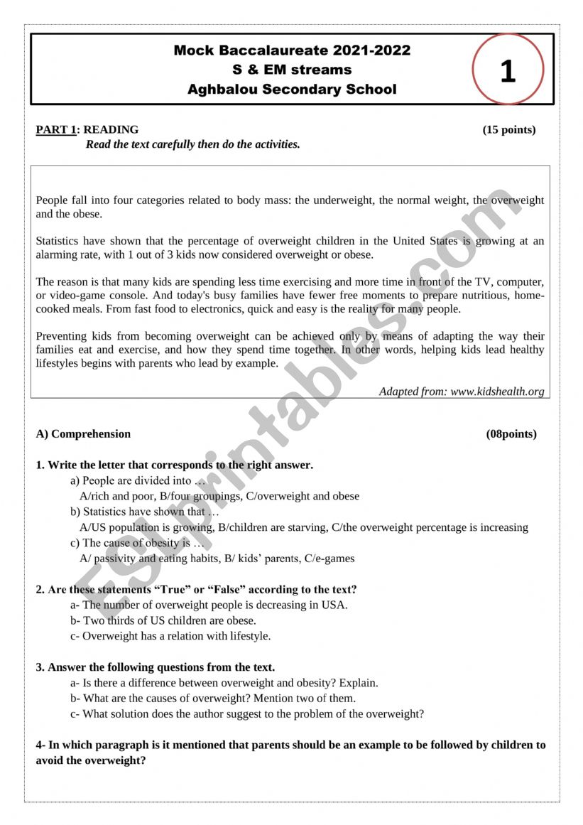 Mock Bac 2022 - Sub.1 worksheet