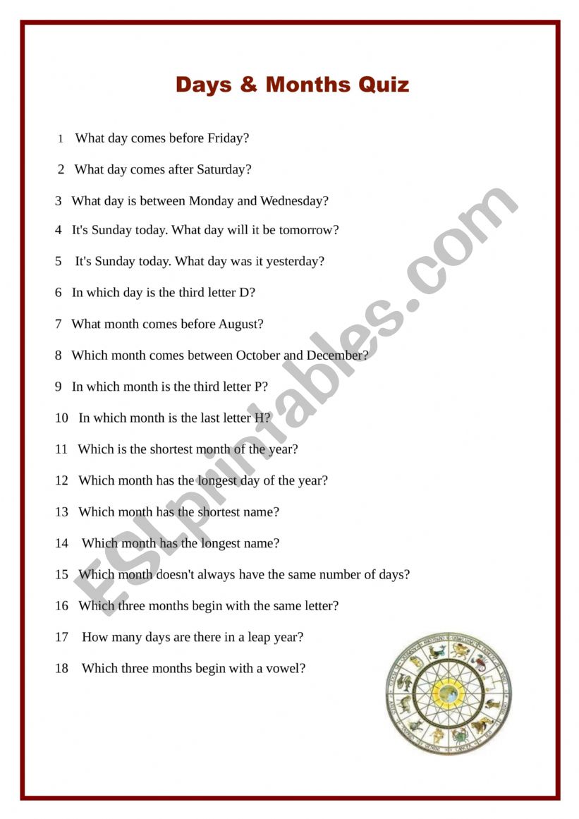 Days and Months Quiz worksheet