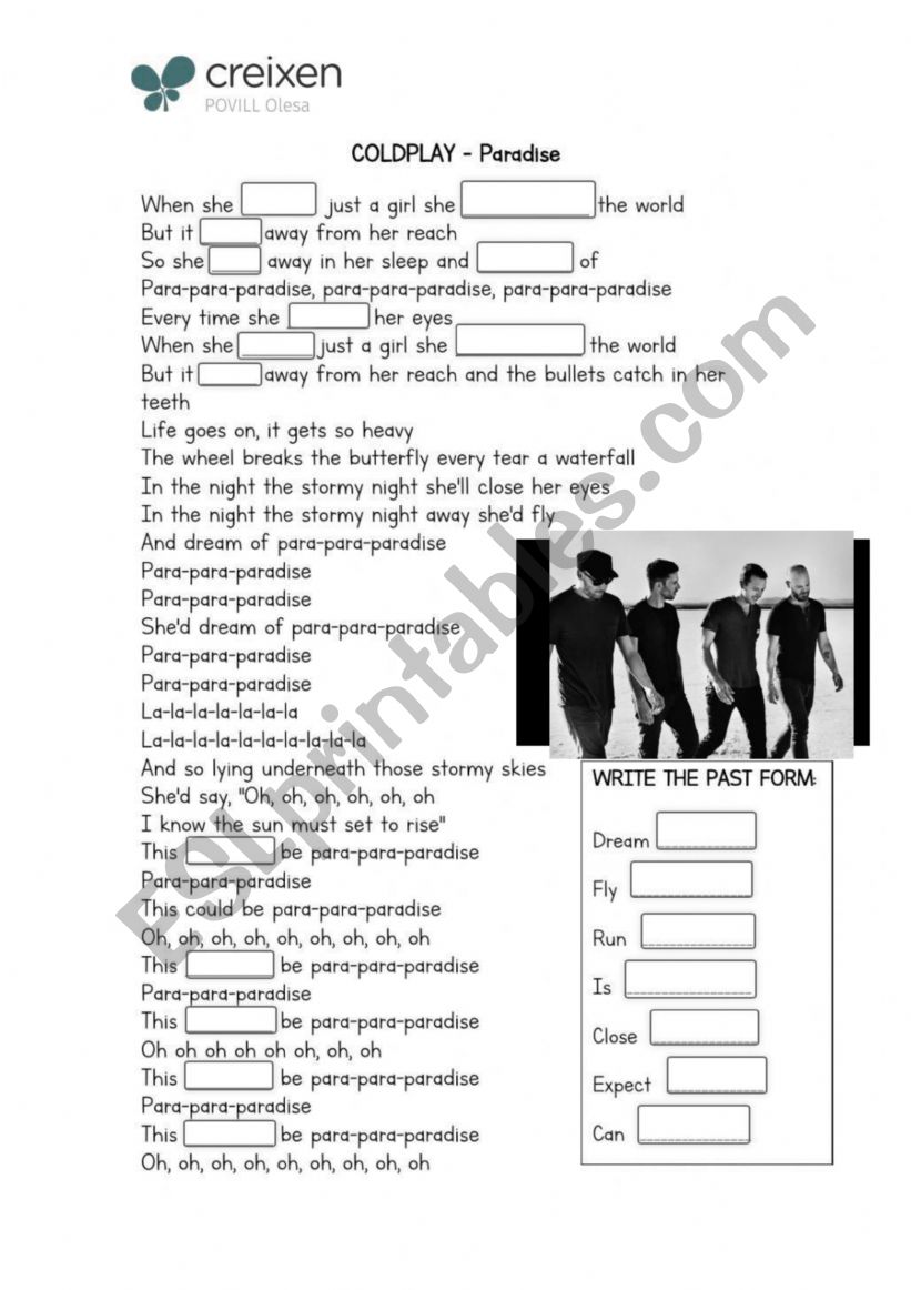 Paradise by Coldplay (with exercises) - ESL worksheet by MarionG