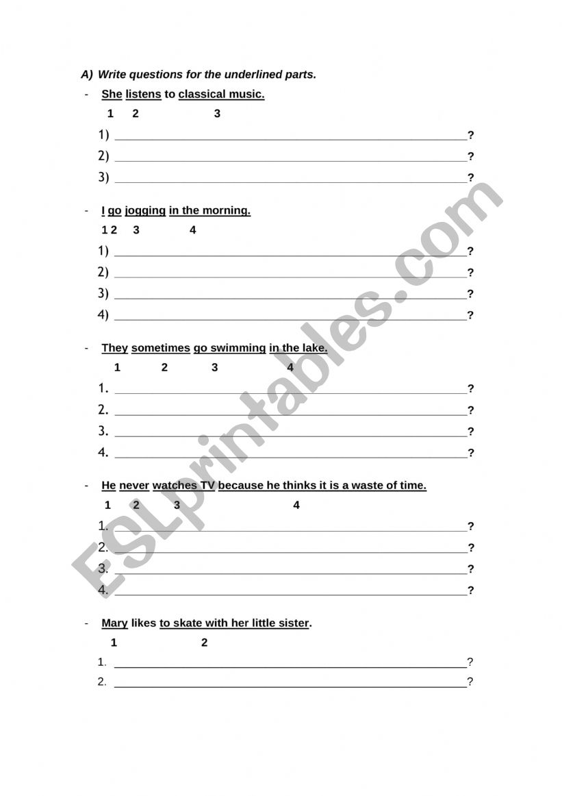 Underlined Questions worksheet