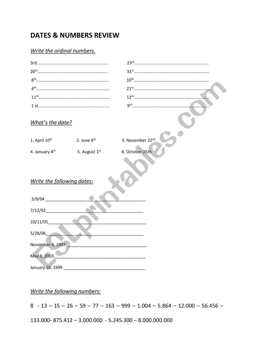 Dates & Numbers Review worksheet